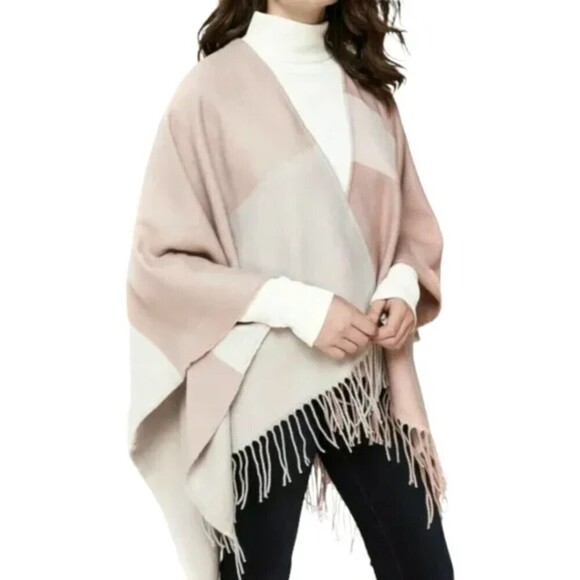 SOIA & KYO Nude Neutral Colorblock Super Soft Poncho Fringe Cardigan One Size - Picture 1 of 8